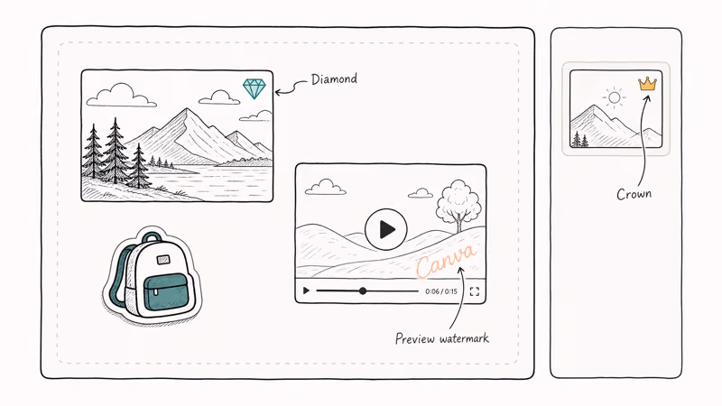 Canva editor canvas showing diamond crown and faint watermark badges on Pro-locked design elements