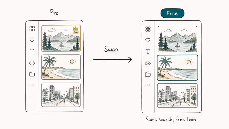 Two-panel sketch comparing a Pro Canva element being swapped for a free alternative via filter