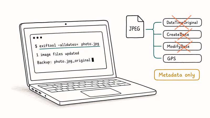 Laptop terminal running ExifTool alldates command stripping date metadata from a JPEG file.