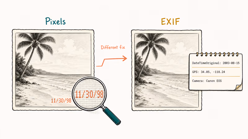 Diagram comparing yellow burned-in date stamp on photo with hidden EXIF metadata block.