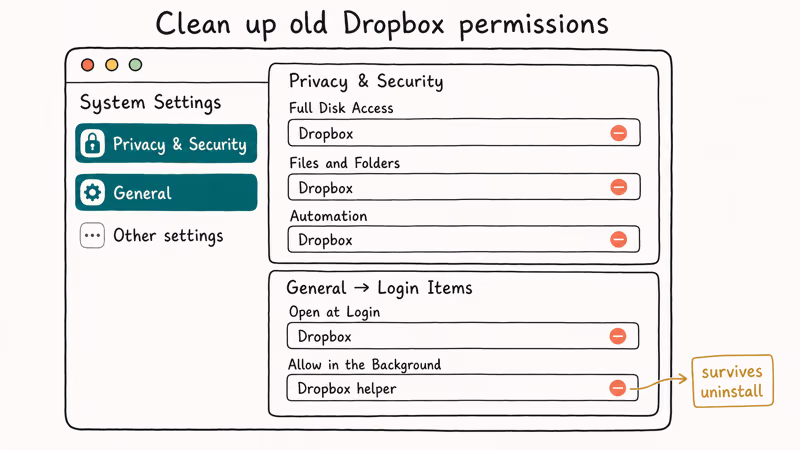 macOS Privacy and Login Items panels with Dropbox entries marked for removal