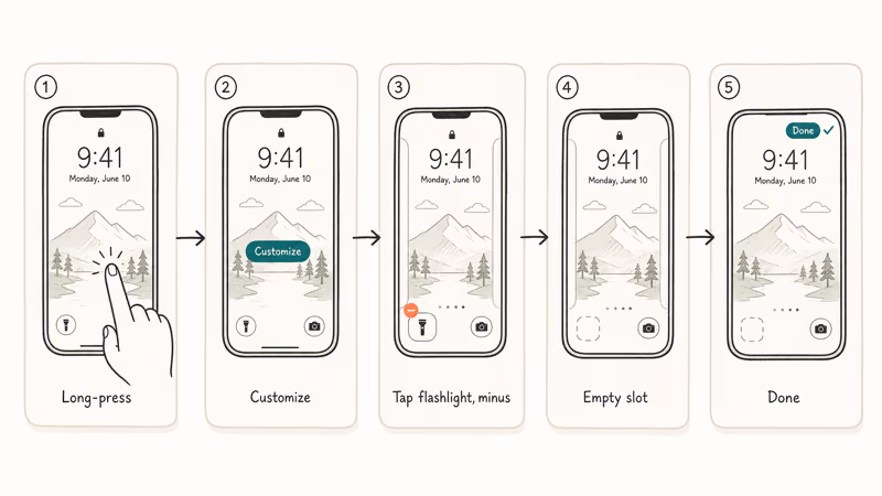 iPhone Lock Screen flow showing long-press, Customize, flashlight minus, empty slot, Done.