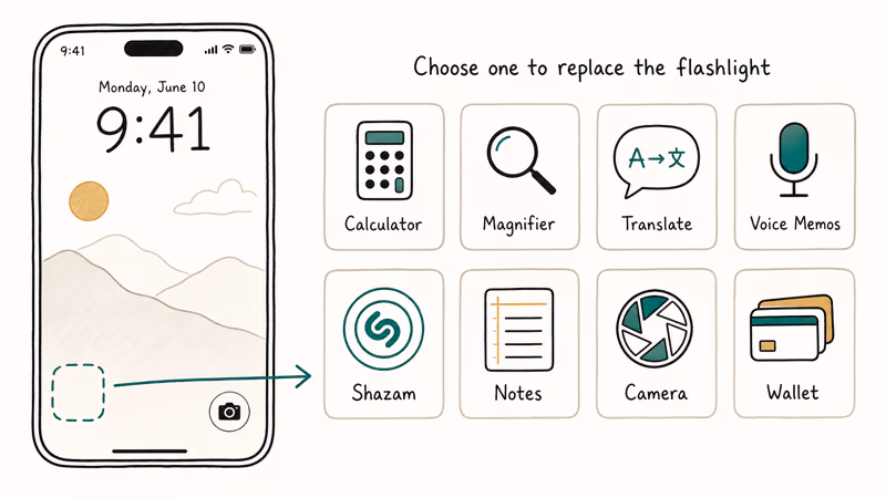 iPhone Lock Screen replacement controls including Calculator Magnifier Translate Voice Memos and Camera.