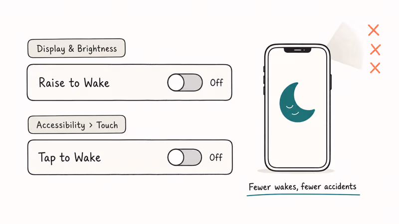 Settings rows showing Raise to Wake and Tap to Wake toggles off.