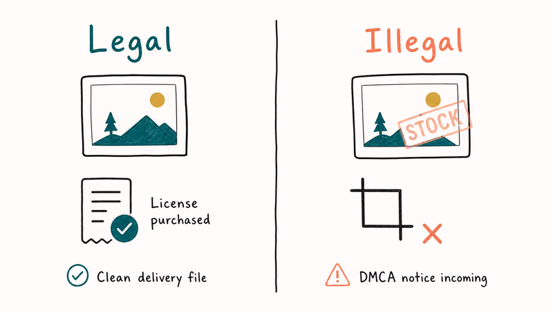 Two column panel comparing legal licensed Getty image with receipt versus illegal removal of watermark with DMCA notice