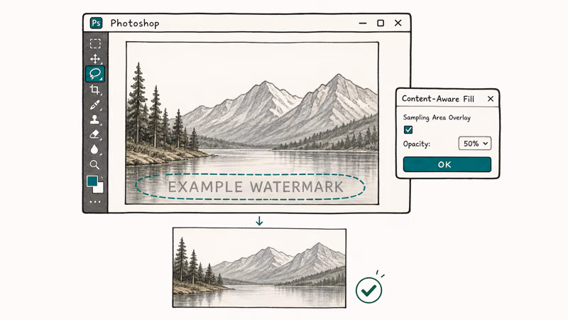 Photoshop window showing lasso selection over watermark area with content aware fill panel and clean output preview