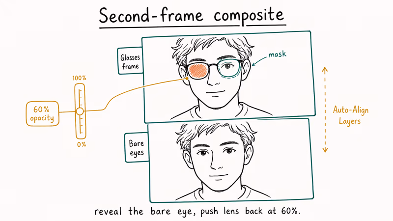 Second frame composite trick aligning bare-eyed portrait under glasses layer in an editor