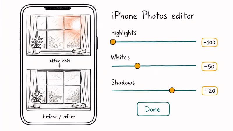 iPhone Photos app editing panel with Highlights and Whites sliders pulled negative