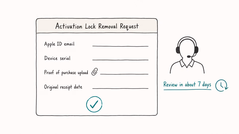 Hand-drawn Apple Activation Lock removal request form with proof-of-purchase upload and 7-day review timeline.