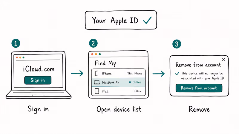 Three-step ribbon showing owner removing Activation Lock via iCloud.com Find My.
