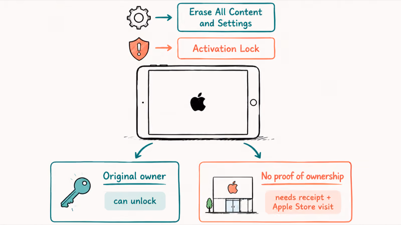 iPad factory reset flow with Activation Lock branching to original owner unlock path or Apple Store proof of