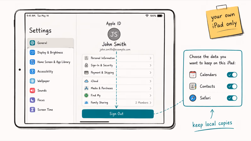 iPad Settings showing Apple ID Sign Out button with keep on device toggles for Calendars Contacts and Safari