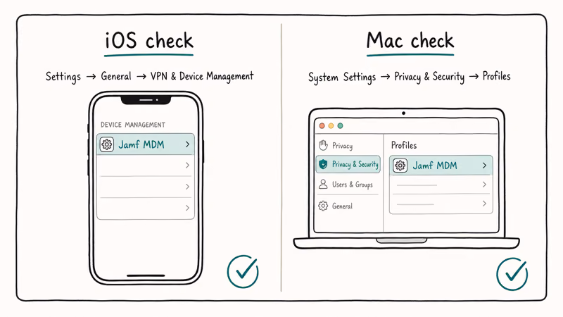 Two cards showing how to detect a Jamf MDM profile on iOS Settings and macOS System Settings.