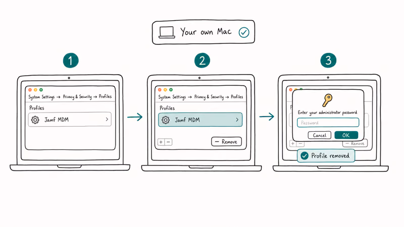 Three-step strip showing Jamf profile removal on macOS through System Settings.