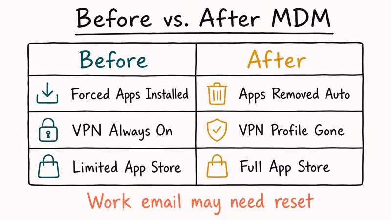 Two-column before and after table contrasting managed phone state with the unenrolled state and reset note
