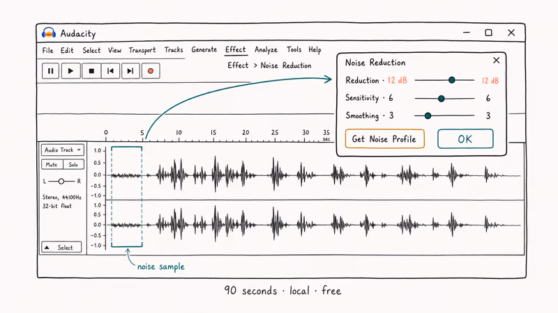 Audacity waveform and Noise Reduction dialog with sample, profile, and settings.