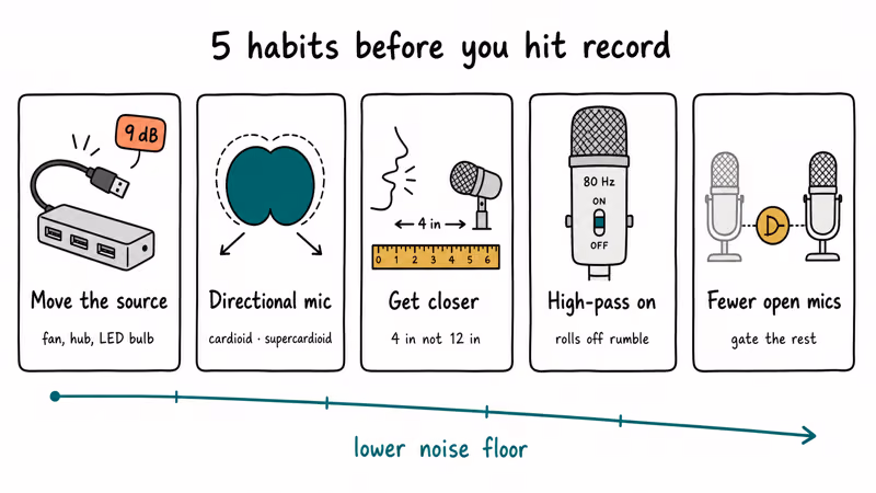 Five recording habit icons showing closer mic, high-pass, and fewer mics.