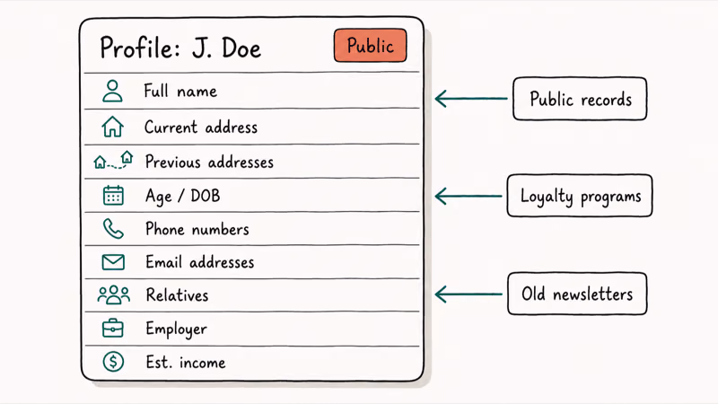 Hand-drawn anatomy of a data broker profile showing name address phone relatives and data sources.
