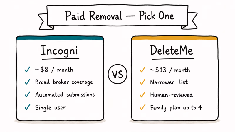 Side-by-side hand-drawn comparison card of Incogni and DeleteMe data broker removal services pricing and coverage.