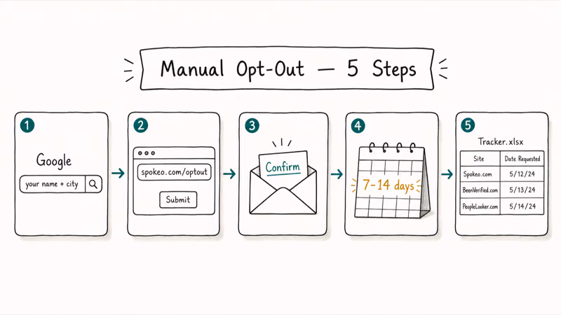 Five-step hand-drawn illustration of the manual data broker opt-out workflow from search to tracker.