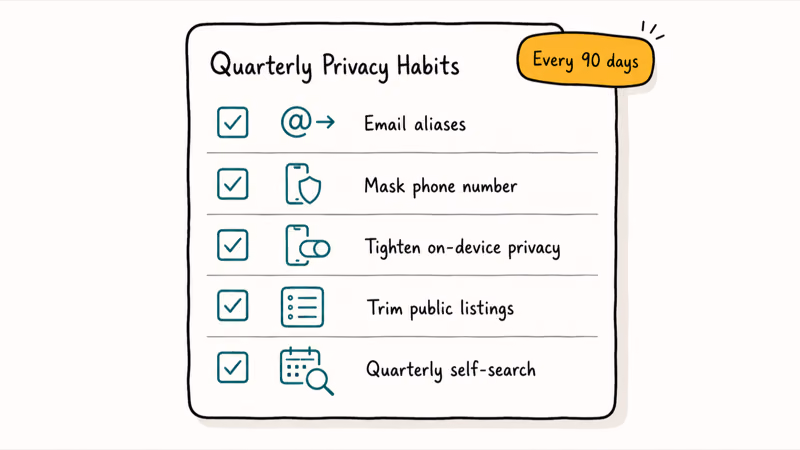 Hand-drawn checklist of five quarterly privacy maintenance habits including email aliases and phone masking.