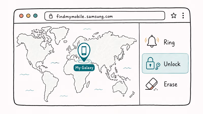 Browser window at Samsung Find My Mobile showing a selected phone marker and unlock action button highlighted in