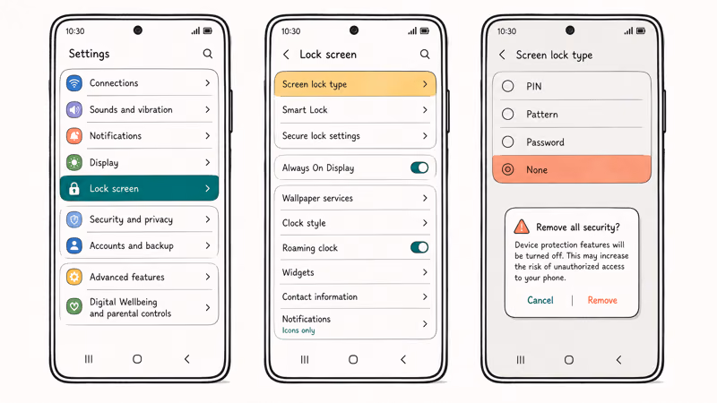 Three Samsung phone screens showing settings to lock screen and screen lock type then choose None confirmation prompt