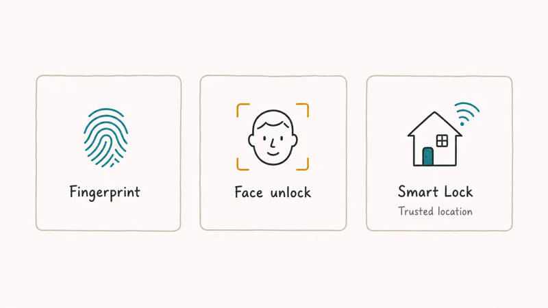 Three Samsung security alternative tiles including fingerprint face unlock and Smart Lock trusted location options