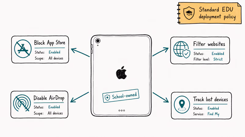 School iPad center with four teal arrows showing typical MDM controls for app store website filter AirDrop tracking