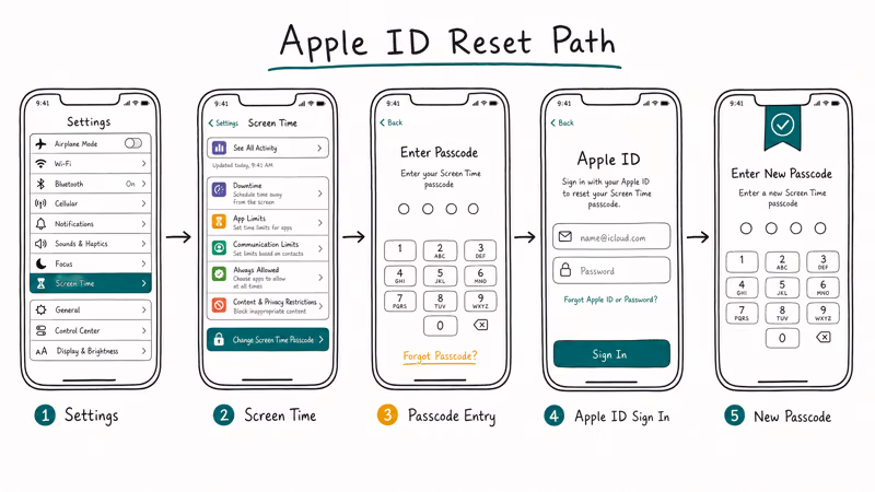 Five-screen hand-drawn walkthrough of the Apple ID Screen Time passcode reset path inside Settings.