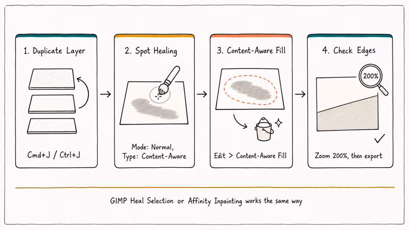 Hand-drawn four-step Photoshop workflow for removing hard cast shadows from photos on desktop