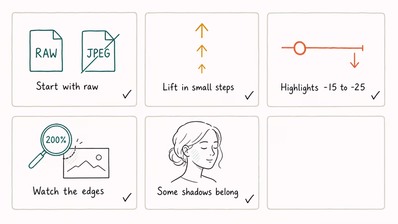 Hand-drawn 2x3 checklist of five best practices for clean shadow removal in photo editing