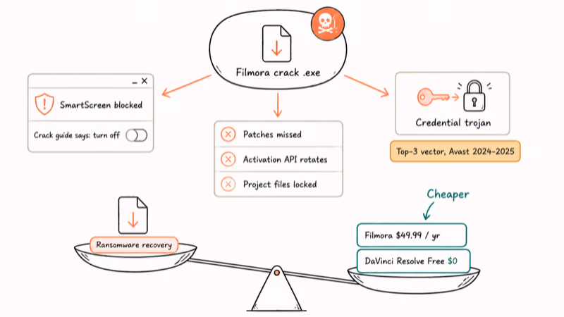 Cracked installer risk map showing malware alerts and credential theft