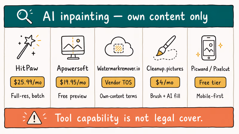Hand-drawn comparison table of five paid AI watermark removers showing pricing tiers and own-content caveat