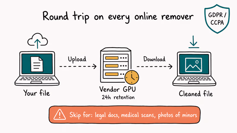 Hand-drawn flowchart showing user file uploaded to vendor server processed and returned with privacy warnings