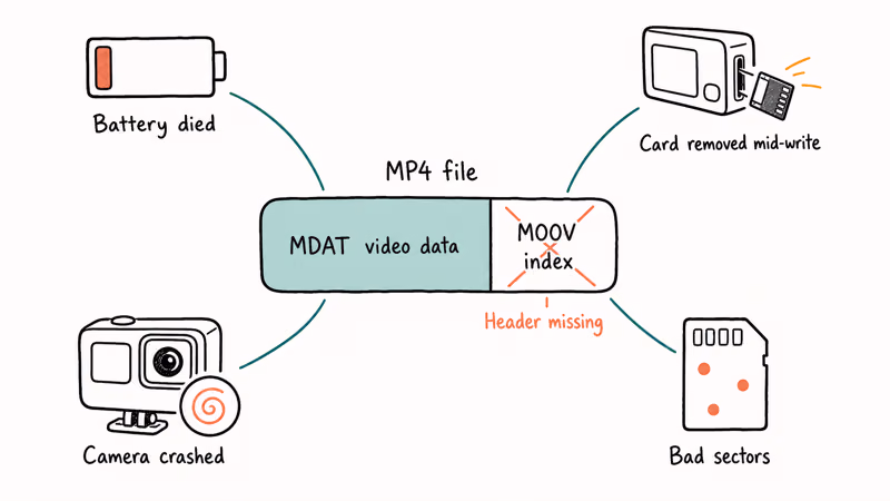 GoPro MP4 file anatomy with missing MOOV atom and four common corruption causes labeled.