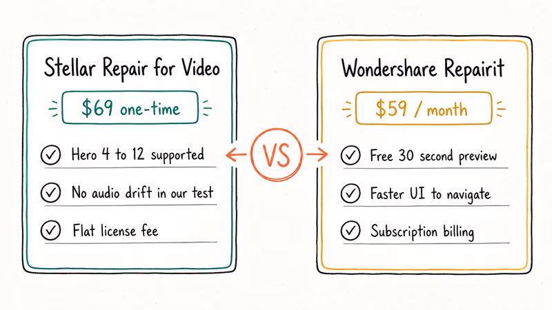 Stellar Repair versus Wondershare Repairit comparison card showing price model speed and audio drift.