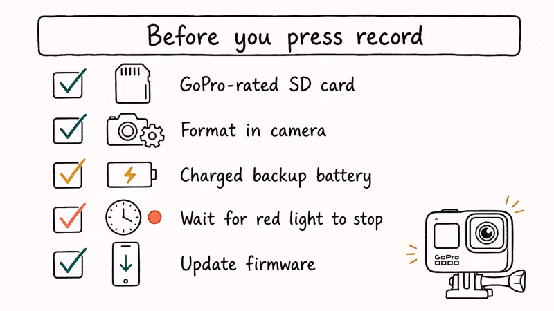 Five-step pre-shoot prevention checklist for GoPro showing SD card battery format and firmware steps.