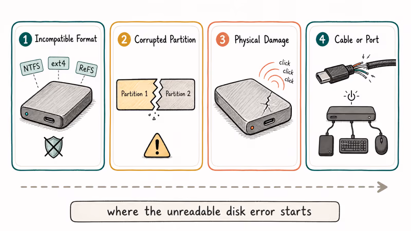 Four-card diagram showing root causes of unreadable disk error: format, partition, hardware, and cable.