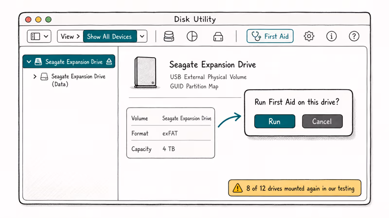 Disk Utility window with First Aid button and Run dialog highlighted for unreadable drive repair.
