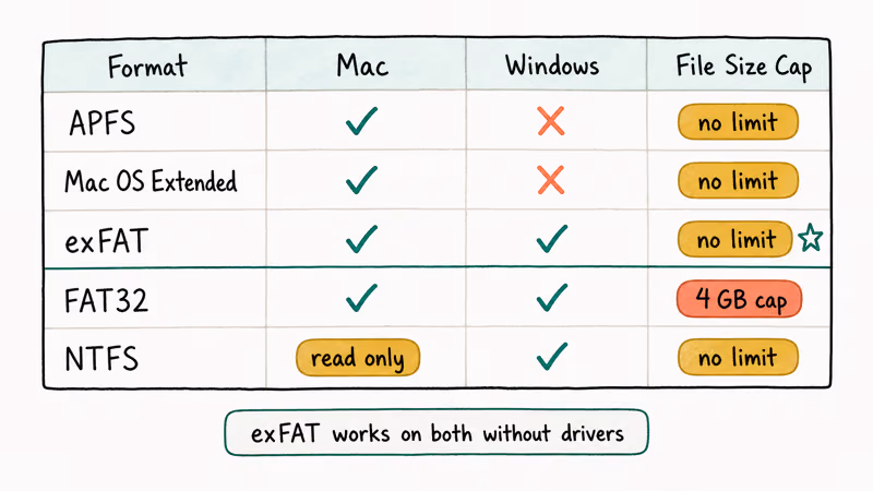 Disk format table comparing APFS HFS Plus exFAT FAT32 and NTFS compatibility.