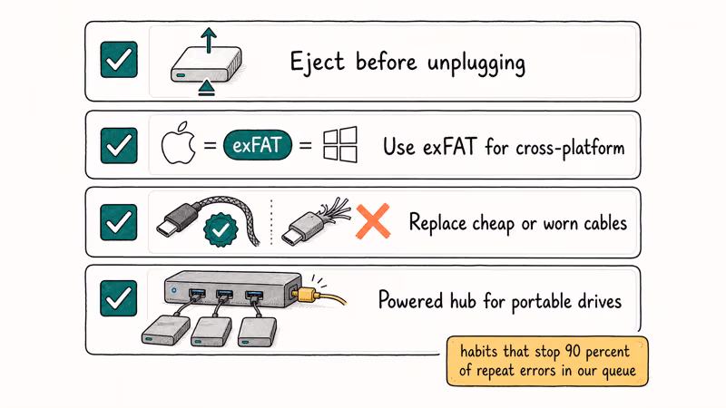Hand-drawn prevention checklist with eject, exFAT, quality cables, and powered hub habits for Mac drives.