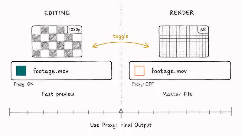 Proxy toggle indicator beside footage item showing low resolution and master file states