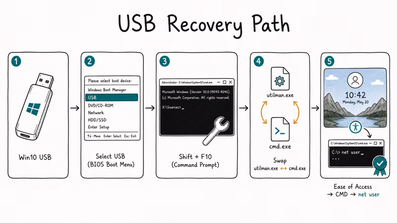 Five-card workflow showing Windows installation media boot path through utilman swap to net user reset.