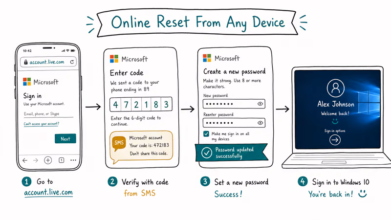 Four-screen flow showing Microsoft account password reset from a phone leading to Windows sign-in.