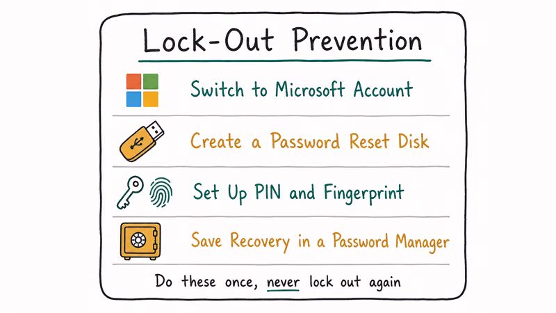 Four-row hand-drawn checklist for preventing future Windows 10 admin lockouts with PIN and reset disk.