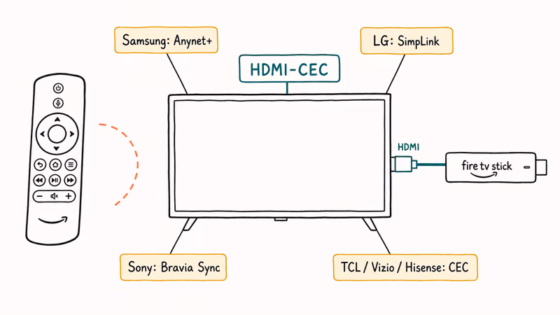 Diagram of HDMI-CEC letting a TV remote control a Fire Stick, with brand-specific names labeled.