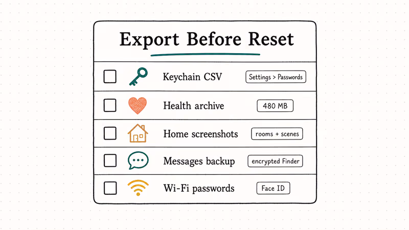 Hand-drawn checklist of five iCloud exports to run before tapping Reset Encrypted Data on iPhone.