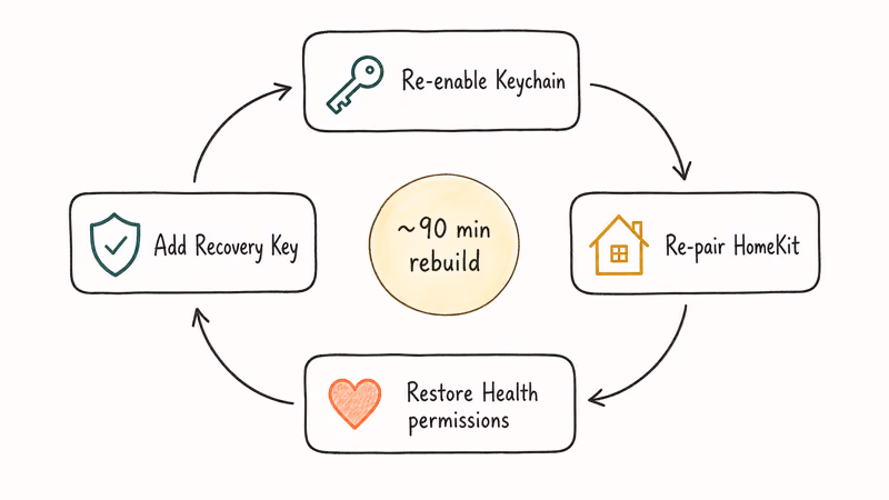 Hand-drawn workflow showing four rebuild steps after performing Reset Encrypted Data on iPhone.