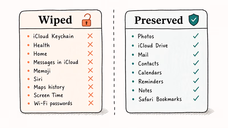 Hand-drawn comparison panel showing iCloud data classes wiped versus preserved by Reset Encrypted Data.